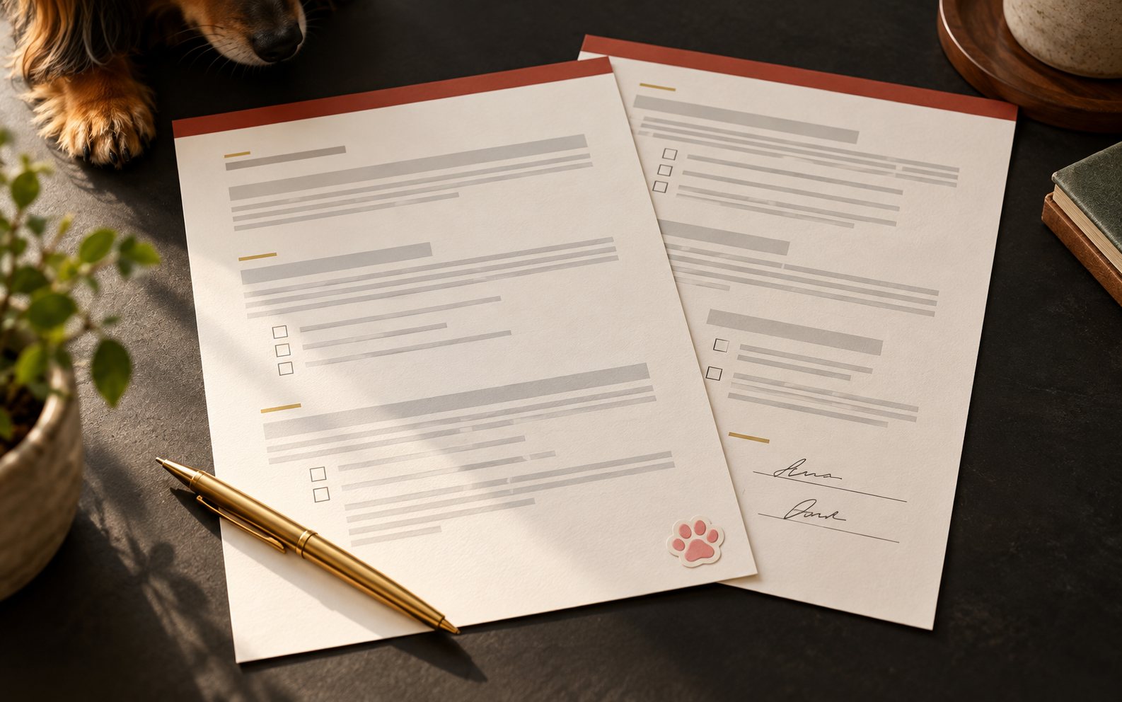 Free pet brand deal contract template: two printed pages with a gold pen and signature lines
