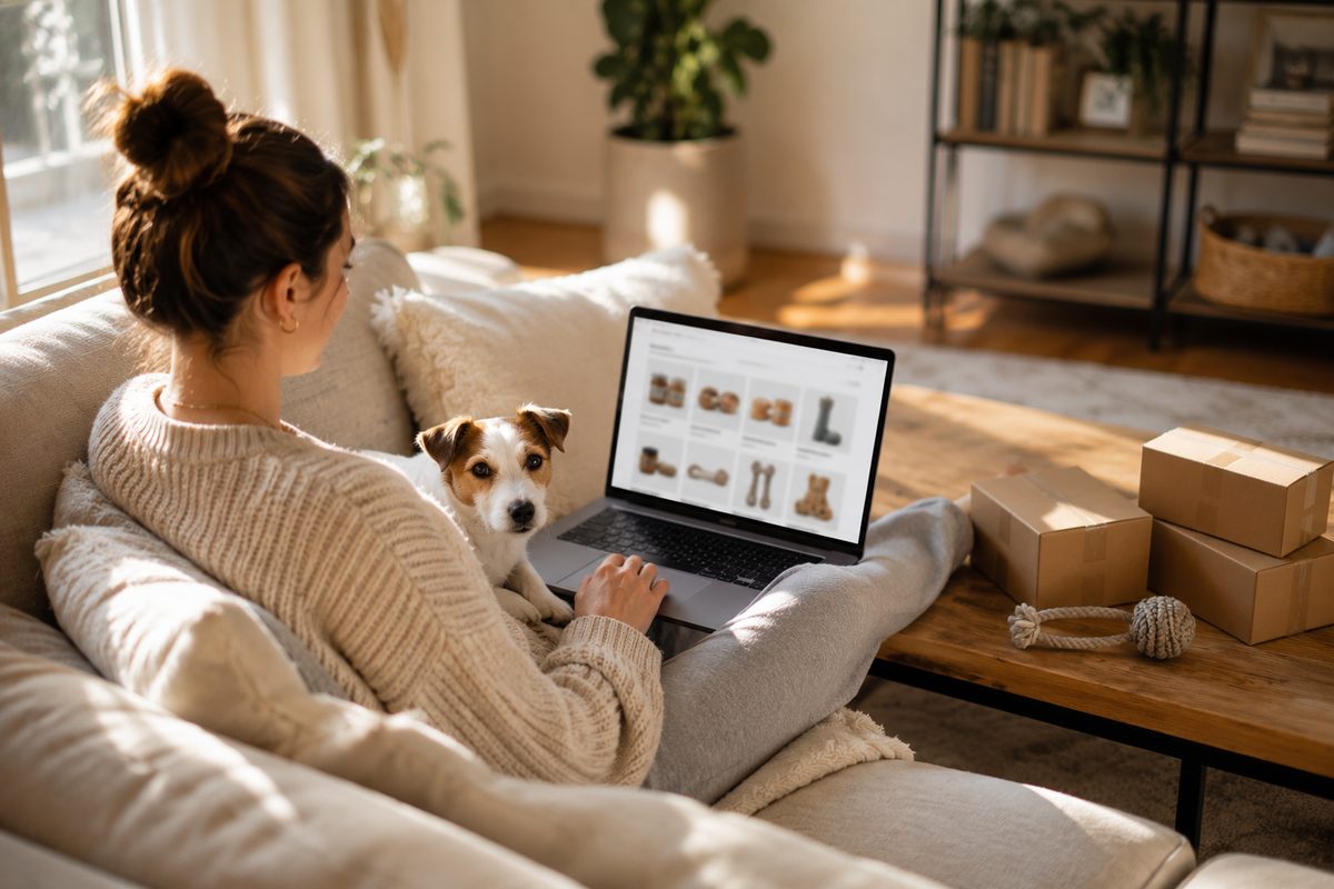 Pet content creator on a couch with a dog, choosing pet affiliate programs and product links on a laptop