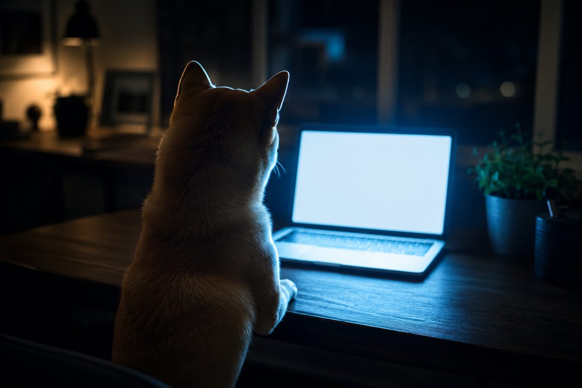A shiba inu facing a glowing laptop at night — AI tools for pet content creators