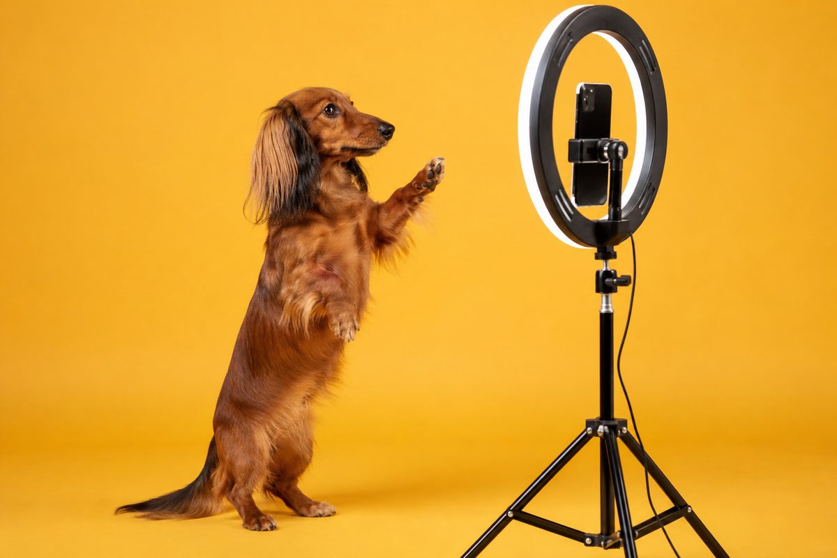 A long-haired dachshund reaching toward a phone on a ring light in a bright studio — becoming a pet influencer