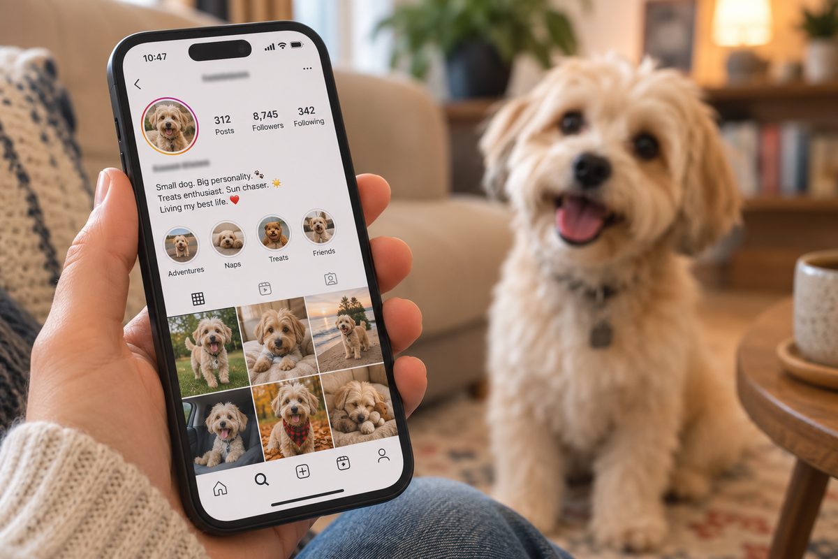 A phone showing a pet Instagram profile with a bio, held up beside a small dog