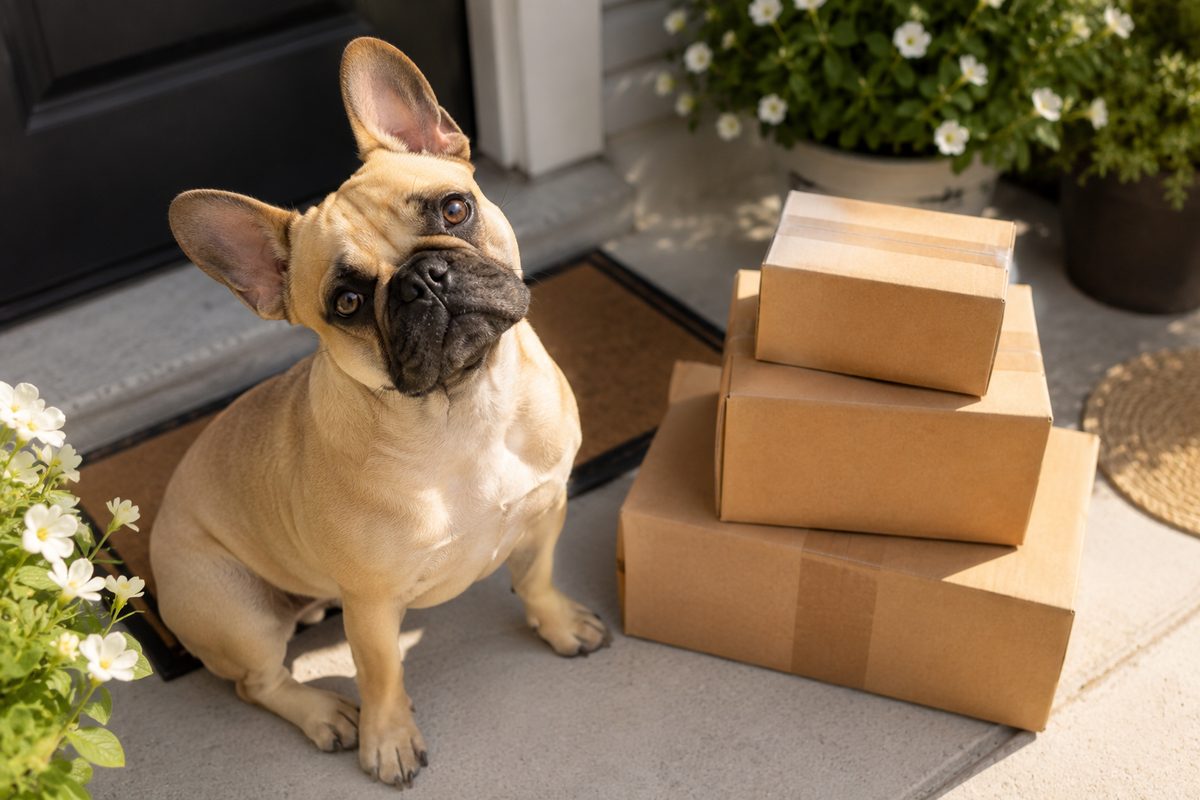 A French bulldog on a porch beside delivery parcels — getting pet brand deals