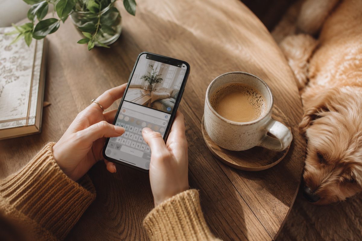Hands typing a caption on a phone next to a cup of coffee and a dog resting nearby