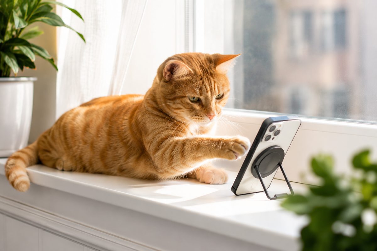 An orange tabby cat on a sunny windowsill reaching for a phone — becoming a cat influencer