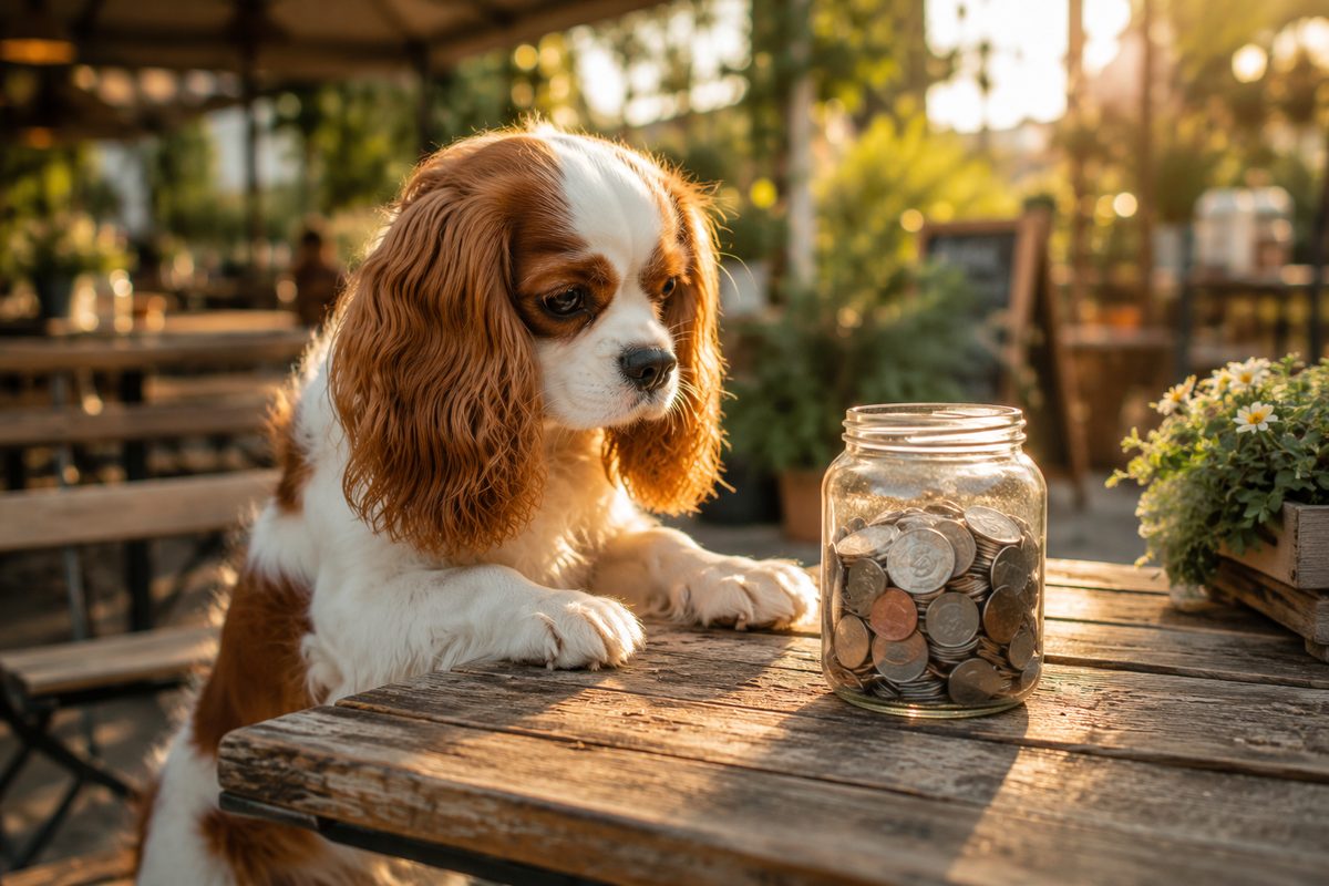 A Cavalier spaniel at an outdoor cafe table beside a coin jar β earning your first $1000 as a pet creator
