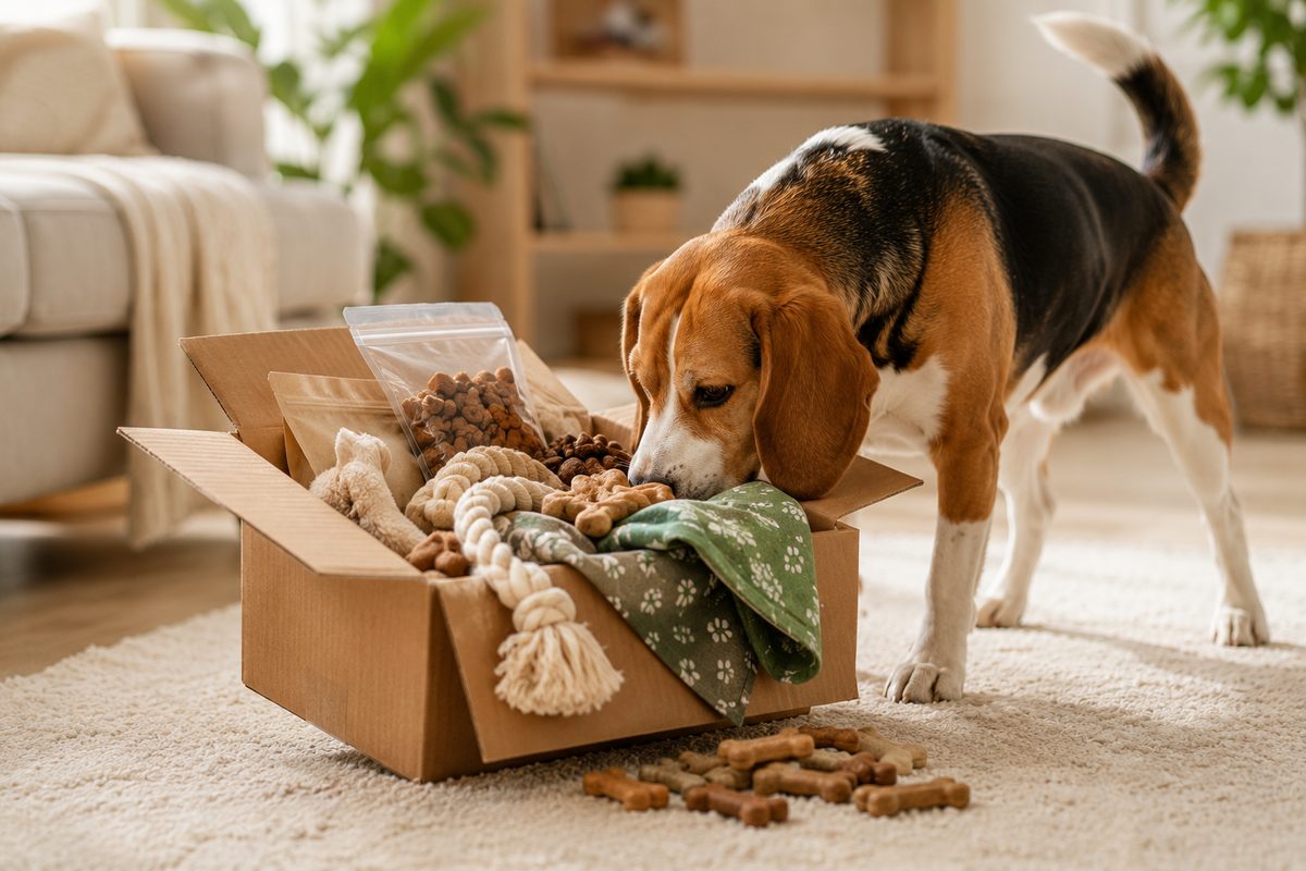 A beagle sniffing an opened box of gifted pet treats and toys on a living room floor