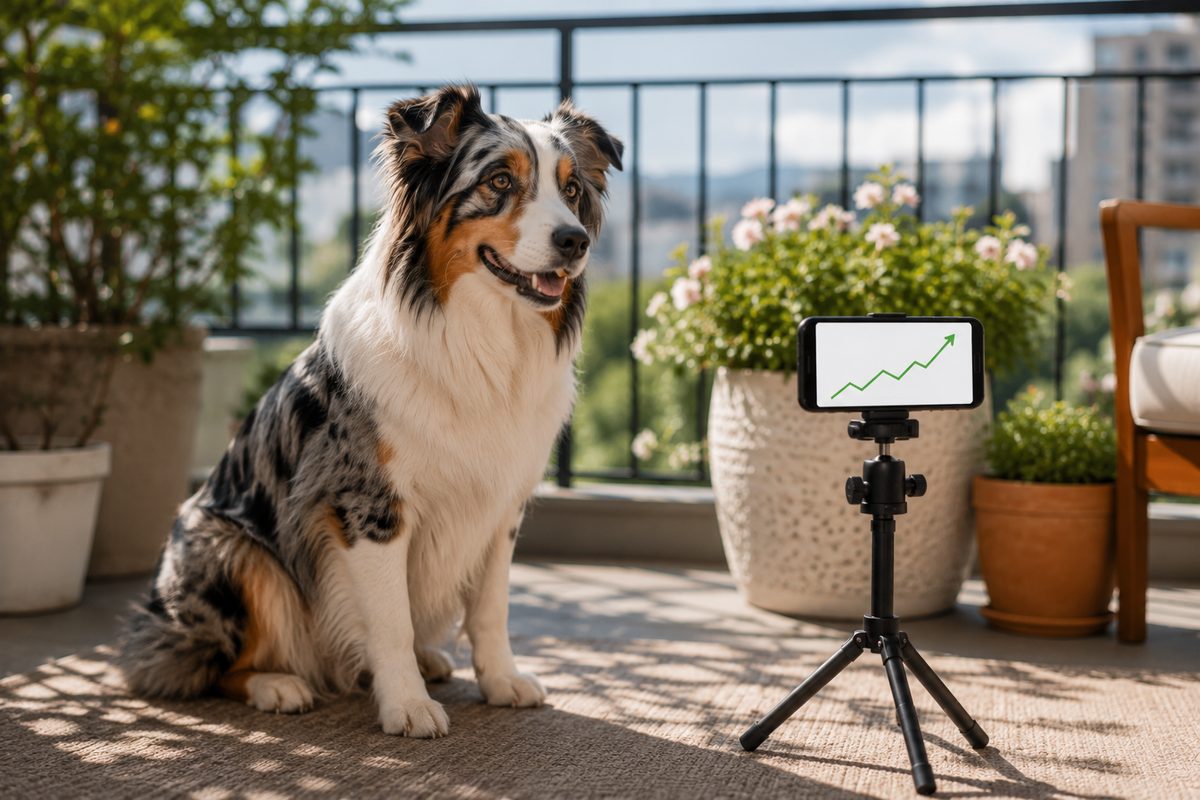 An Australian shepherd on a sunny balcony facing a phone with a rising growth graph — growing a pet Instagram to 10k
