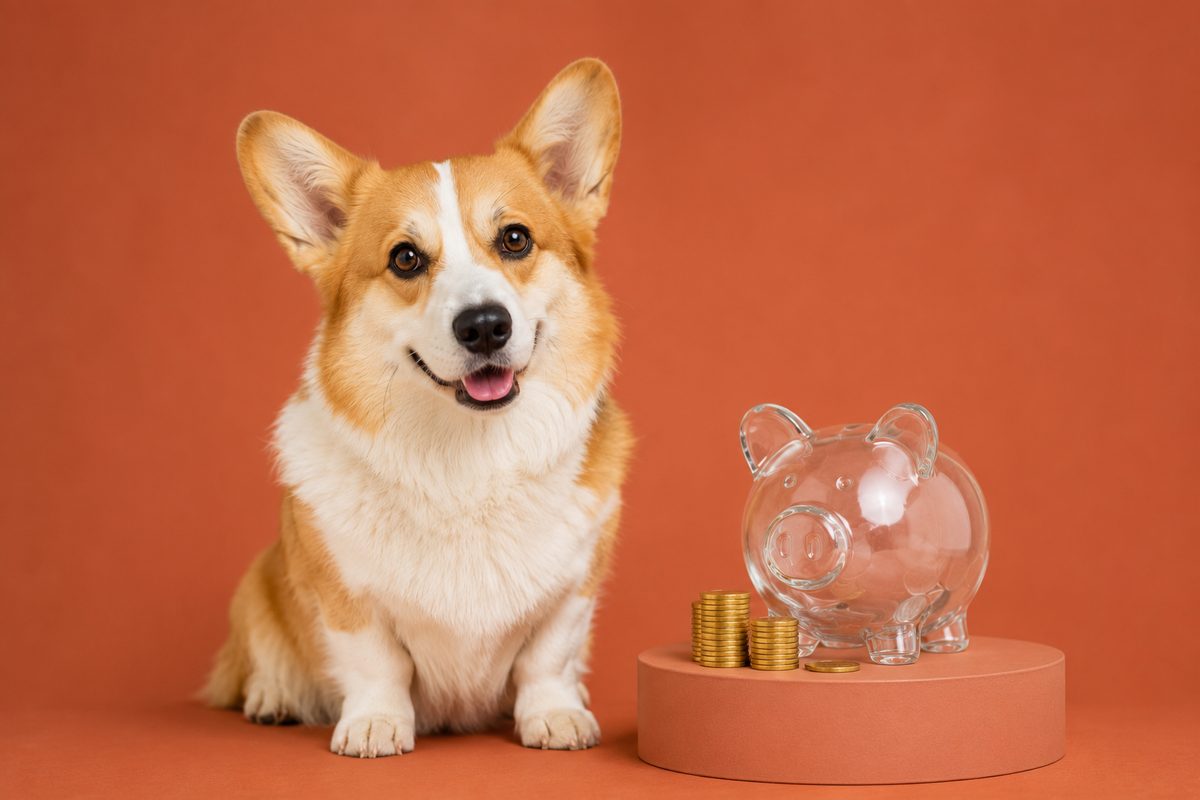 A corgi beside a glass piggy bank and coins on a terracotta studio backdrop — how much do pet influencers make