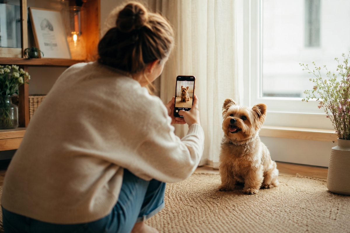 Person kneeling on the floor to film a small dog at eye level near a bright window