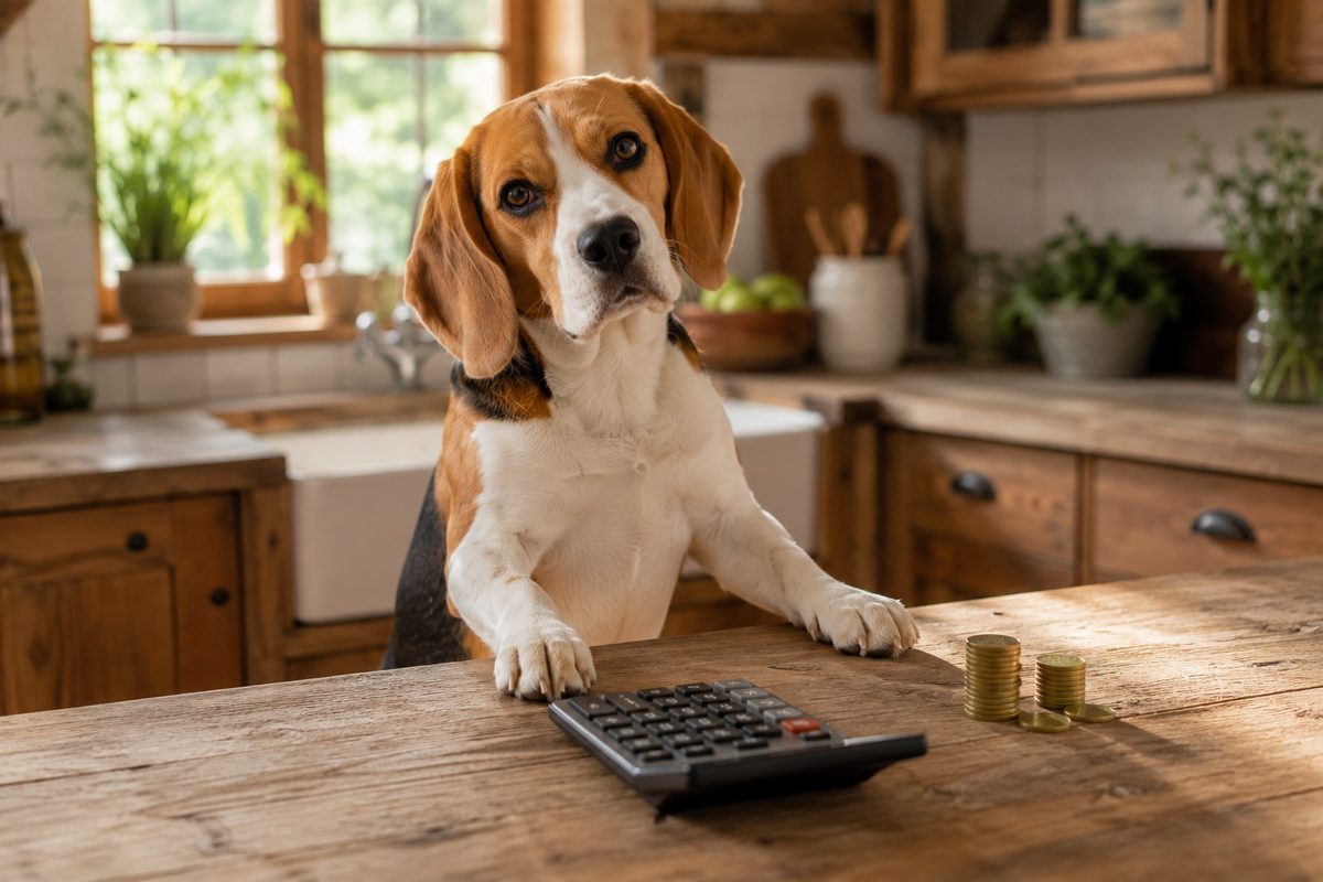 A beagle at a farmhouse kitchen counter with a calculator and coins — pet influencer rates