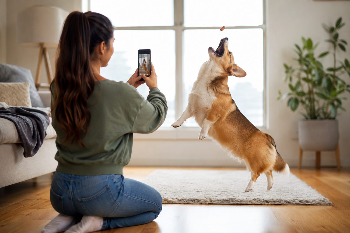 Pet creator filming a corgi doing a trick on a phone to make an Instagram reel