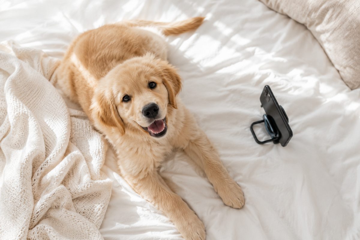 A golden retriever puppy on a bed with a phone nearby — starting a dog Instagram account
