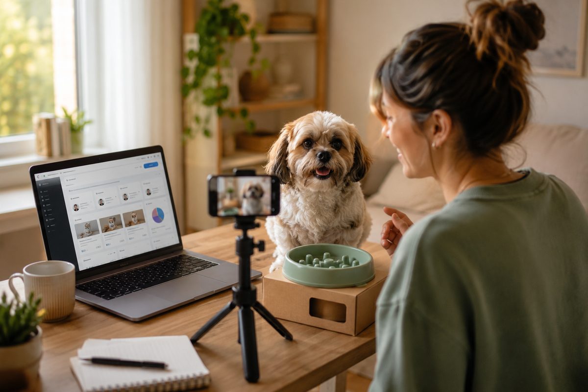 Pet content creator filming a small dog with a product on a phone, browsing UGC gig platforms on a laptop