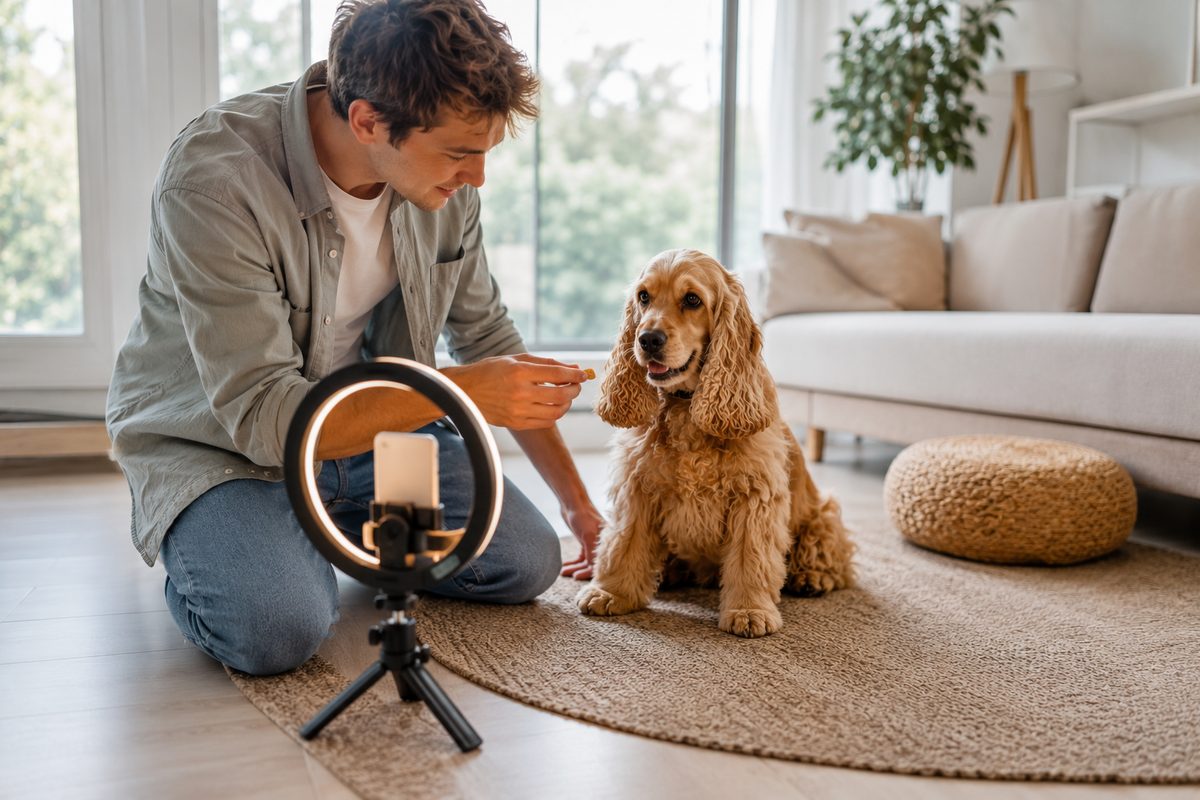 Pet owner filming their dog with a smartphone on a tripod to create UGC content for a pet brand