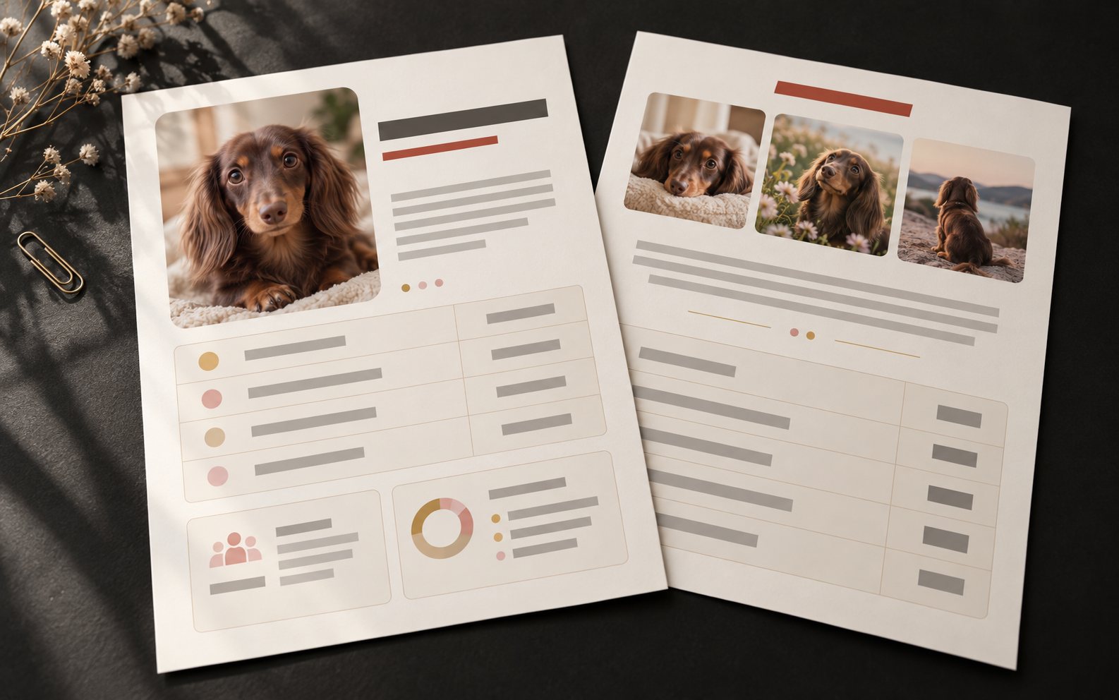 Free pet media kit template: two printed pages with a dachshund photo, stats table and rate card